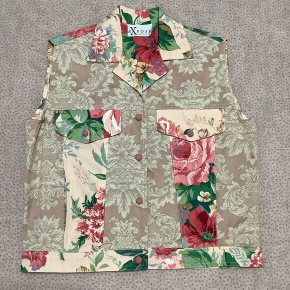 Expose Vintage 90s Grandmacore Granny Pink Floral Patchwork Vest Size Medium - Picture 2 of 13